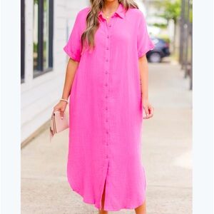 Eloquii Hot Pink Button Front Maxi Dress